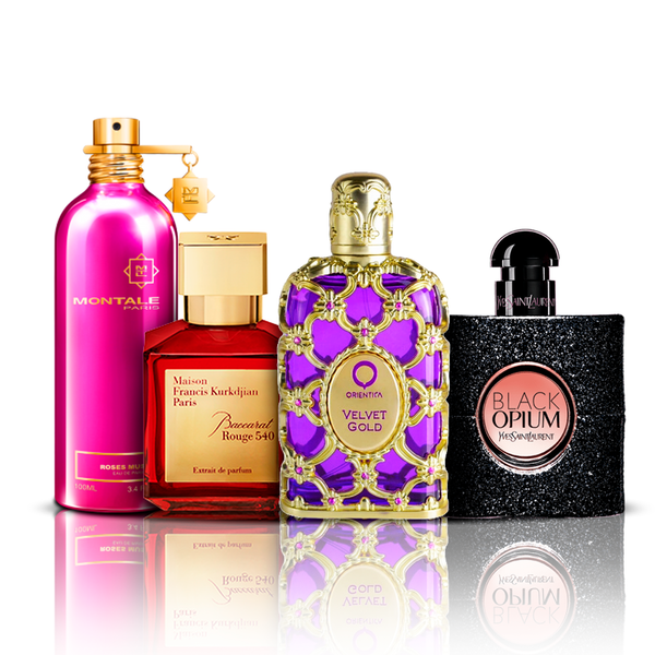 Kombó 4 Parfüm | Orientica Velvet Gold + Baccarat Rouge + Black Opium + Montale Roses Musk 100ML